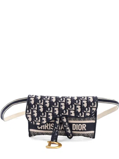 Pre-owned Dior Saddle Slim Pouch Logo Embroidered Oblique Canvas Belt Bag In Blue