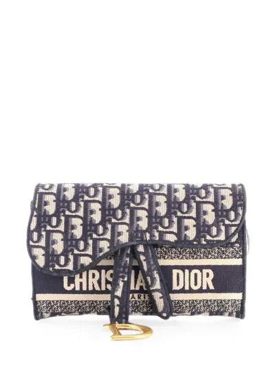 Pre-owned Dior Saddle Slim Pouch Logo Embroidered Oblique Canvas Belt Bag In Blue