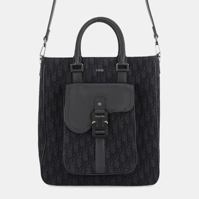 Pre-owned Dior Saddle Tote Black Oblique Jacquard Canvas Leather Top Handle Bag