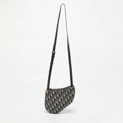 Pre-owned Dior Saddle Trio Navy Blue Oblique Canvas And Leather Pouch Bag