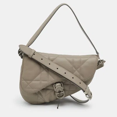 Pre-owned Dior Saddle Twin Gris Marron Cannage Leather Bag In Sand