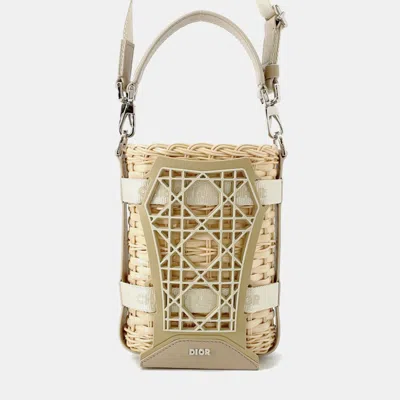 Pre-owned Dior Sahara 2-way Bucket Bag Beige Raffia Leather Rubber Size Nano In Sand