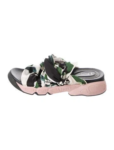 Pre-owned Dior Satin Graphic Print Slides In Green