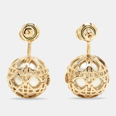Pre-owned Dior Secret Cannage Faux Pearl Gold Tone Drop Earrings