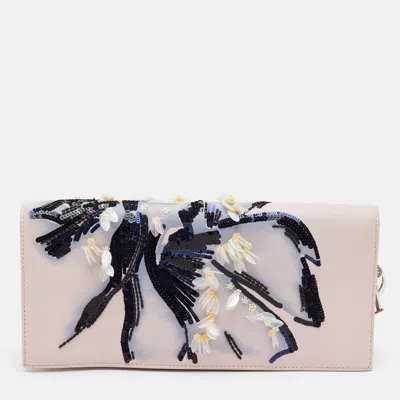 Pre-owned Dior Sequins Embellished Bird Motif Light Pink Leather Clutch