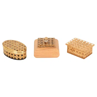 Pre-owned Dior Set Of 3 Decorative Boxes In Brass, Lucite And Vienna Straw, Italy, 1970s In Orange