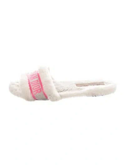 Pre-owned Dior Shearling Graphic Print Slides In White