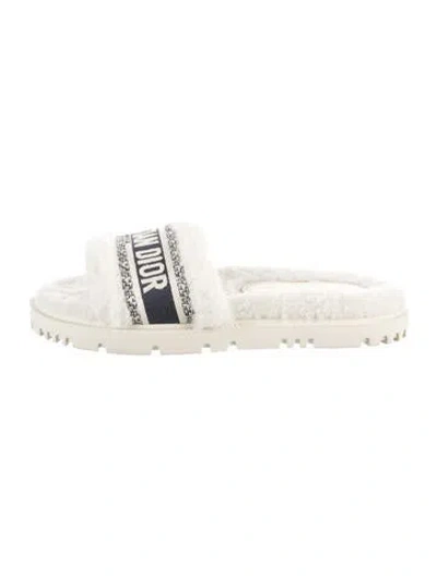 Pre-owned Dior Shearling Graphic Print Slides In White