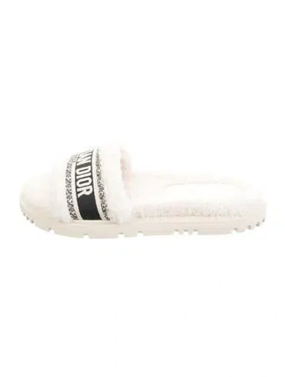 Pre-owned Dior Shearling Graphic Print Slides In White