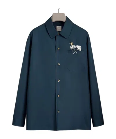 Dior Shirt With  Flower Bee Embroidery In Blue