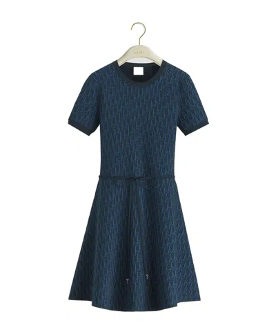 Dior Short Flared Dress With Belt In Blue