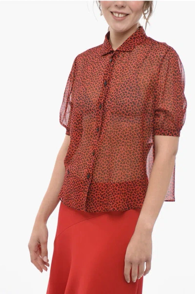 Dior Short-sleeved Silk Chiffon Shirt With Animal Pattern In Red