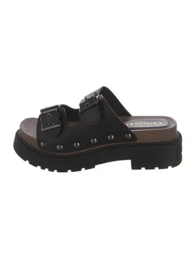 Pre-owned Dior Signature Logo Leather Slides In Black