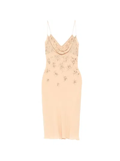 Pre-owned Dior Silk Nude Embellished Slip Midi Dress In Neutral