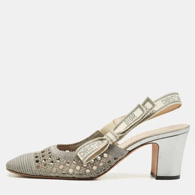 Pre-owned Dior Silver Fabric And Leather Moi Block Heel Slingback Sandals Size 39.5