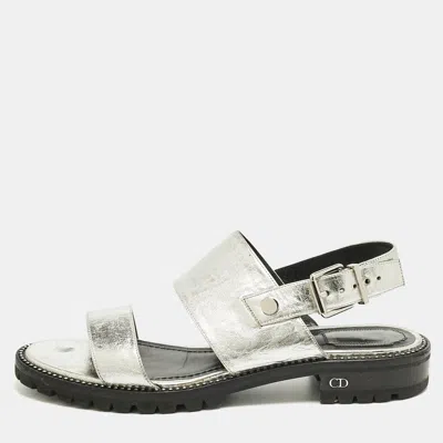 Pre-owned Dior Silver Foil Leather Wanted Slingback Sandals Size 41