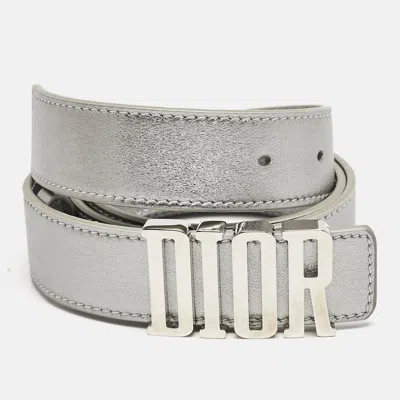 Pre-owned Dior Silver Leather D-fence Buckle Belt 80 Cm
