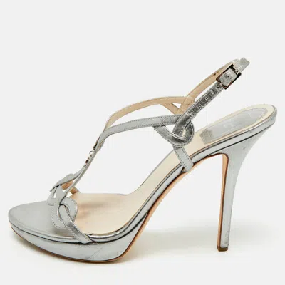 Pre-owned Dior Silver Leather Logo Slingback Sandals Size 39