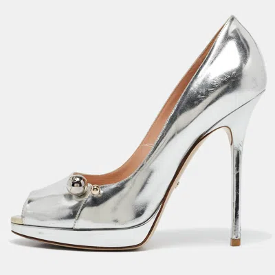 Pre-owned Dior Silver Leather Platform Peep Toe Pumps Size 40