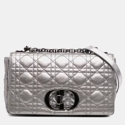 Pre-owned Dior Silver Medium Metallic Calfskin Cannage Supple Caro Bag