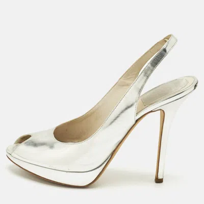 Pre-owned Dior Silver Patent Leather Peep Toe Slingback Pumps Size 38