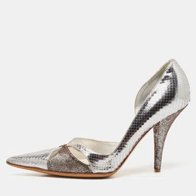 Pre-owned Dior Silver/brown Python Embossed Leather And Texture Suede Pumps Size 36.5