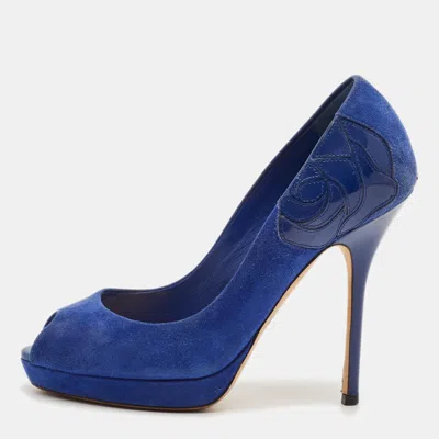 Pre-owned Dior Size 35 Blue Suede Peep Toe Pumps