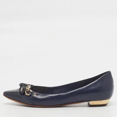 Pre-owned Dior Size 35 Navy Blue Leather And Patent Leather Chain Detail Bow Ballet Flats