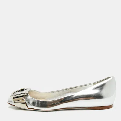 Pre-owned Dior Size 35 Silver Leather Buckle Ballet Flats