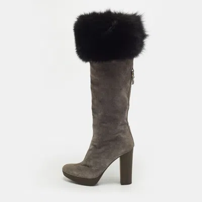 Pre-owned Dior Size 35.5 Grey Cannage Suede Knee Length Boots