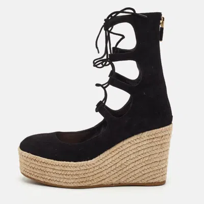 Pre-owned Dior Size 36 Black Suede Platform Wedge Espadrille Lace Up Sandals