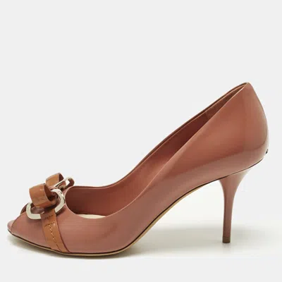Pre-owned Dior Size 36 Pink/brown Leather And Patent Leather Bow Peep Toe Pumps