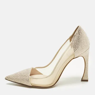 Pre-owned Dior Size 36.5 Beige Crystal Embellished Suede And Mesh Pointed Toe Pumps In Sand