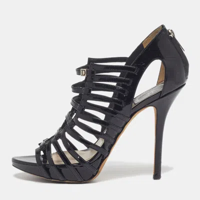 Pre-owned Dior Size 36.5 Black Patent Leather Caged Strappy Sandals