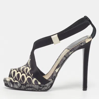 Pre-owned Dior Size 36.5 Black/white Satin And Water Snakeskin Ankle Strap Sandals