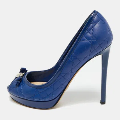 Pre-owned Dior Size 36.5 Blue Cannage Leather And Patent Leather Peep Toe Pumps