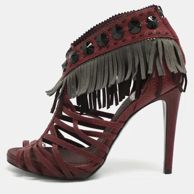 Pre-owned Dior Size 36.5 Burgundy Leather And Suede Fringe Ankle Strap Sandals