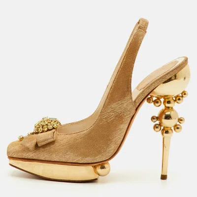 Pre-owned Dior Size 36.5 Metallic Gold Suede Crystal Embellished Sculpted Heel Slingback Platform Sandals