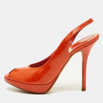 Pre-owned Dior Size 36.5 Orange Croc Embossed Patent Leather Peep Toe Slingback Pumps