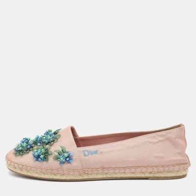 Pre-owned Dior Size 36.5 Pink Floral Embellished Canvas Espadrille Loafers