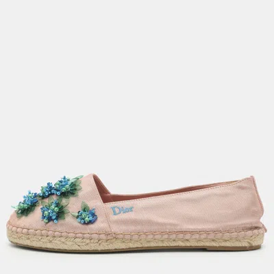 Pre-owned Dior Size 36.5 Pink Floral Embellished Canvas Espadrille Loafers