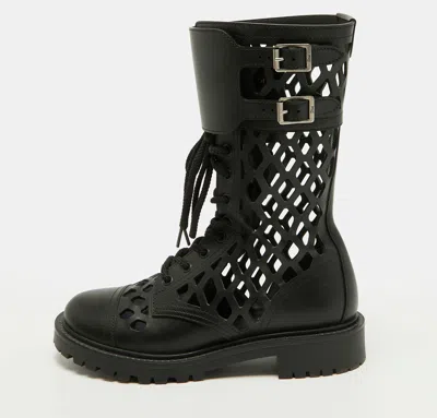 Pre-owned Dior Size 37 Accents Black Leather Laser Cut Combat Boots