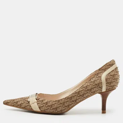 Pre-owned Dior Size 37 Beige/brown Oblique Jacquard Logo Pointed Toe Pumps In Sand
