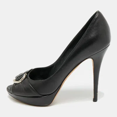 Pre-owned Dior Size 37 Black Leather Peep Toe Platform Pumps