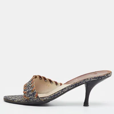 Pre-owned Dior Size 37 Blue Oblique Canvas And Leather Slide Sandals