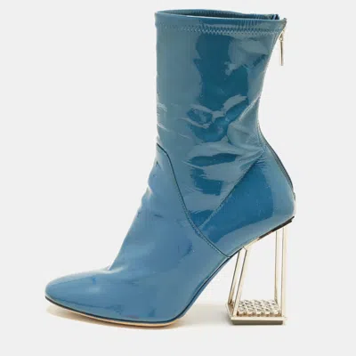 Pre-owned Dior Size 37 Blue Patent Leather Crystal Embellished Ankle Length Boots