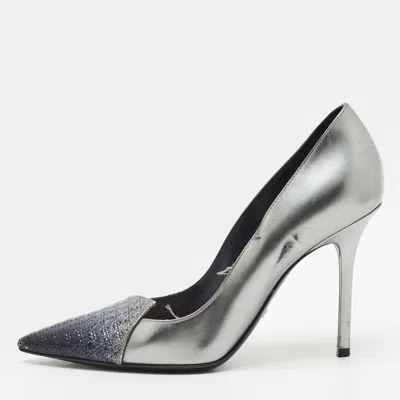 Pre-owned Dior Size 37 Grey Cannage Patent Leather Pointed Toe Pumps In Gray