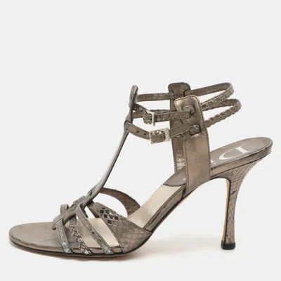 Pre-owned Dior Size 37 Metallic Metalic Leather And Python Leather Ankle Strap Sandals In Silver