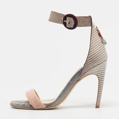 Pre-owned Dior Size 37 Multicolor Lizard Embossed Leather And Velvet Ankle Strap Sandals