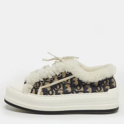 Pre-owned Dior Size 37 Navy Blue Canvas And Shearling Lace Up Sneakers